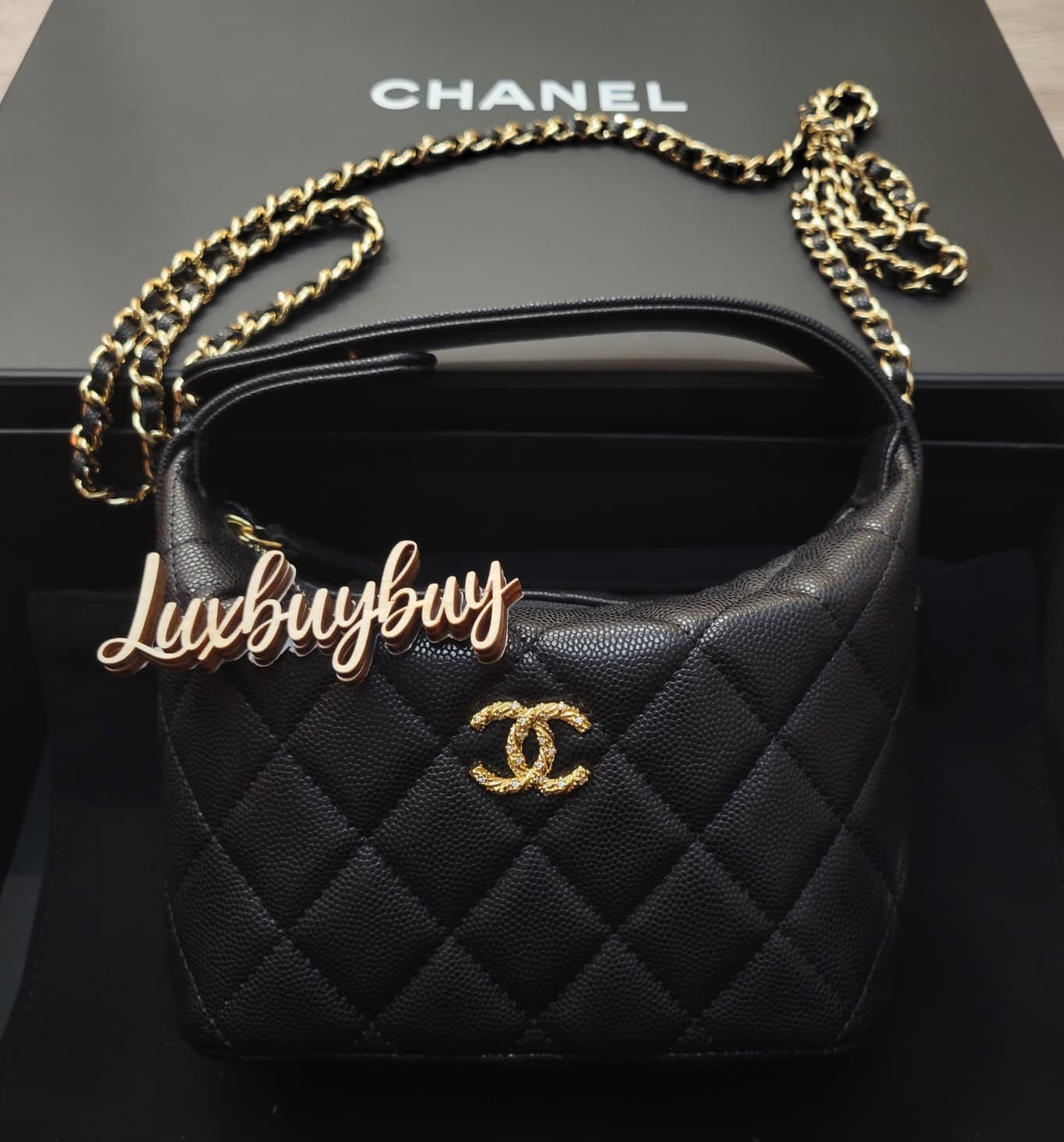 CHANEL AP5091 HOBO BAG BLACK GOLD TWIST CRYSTAL LOGO  飯盒包 麻花金色LOGO