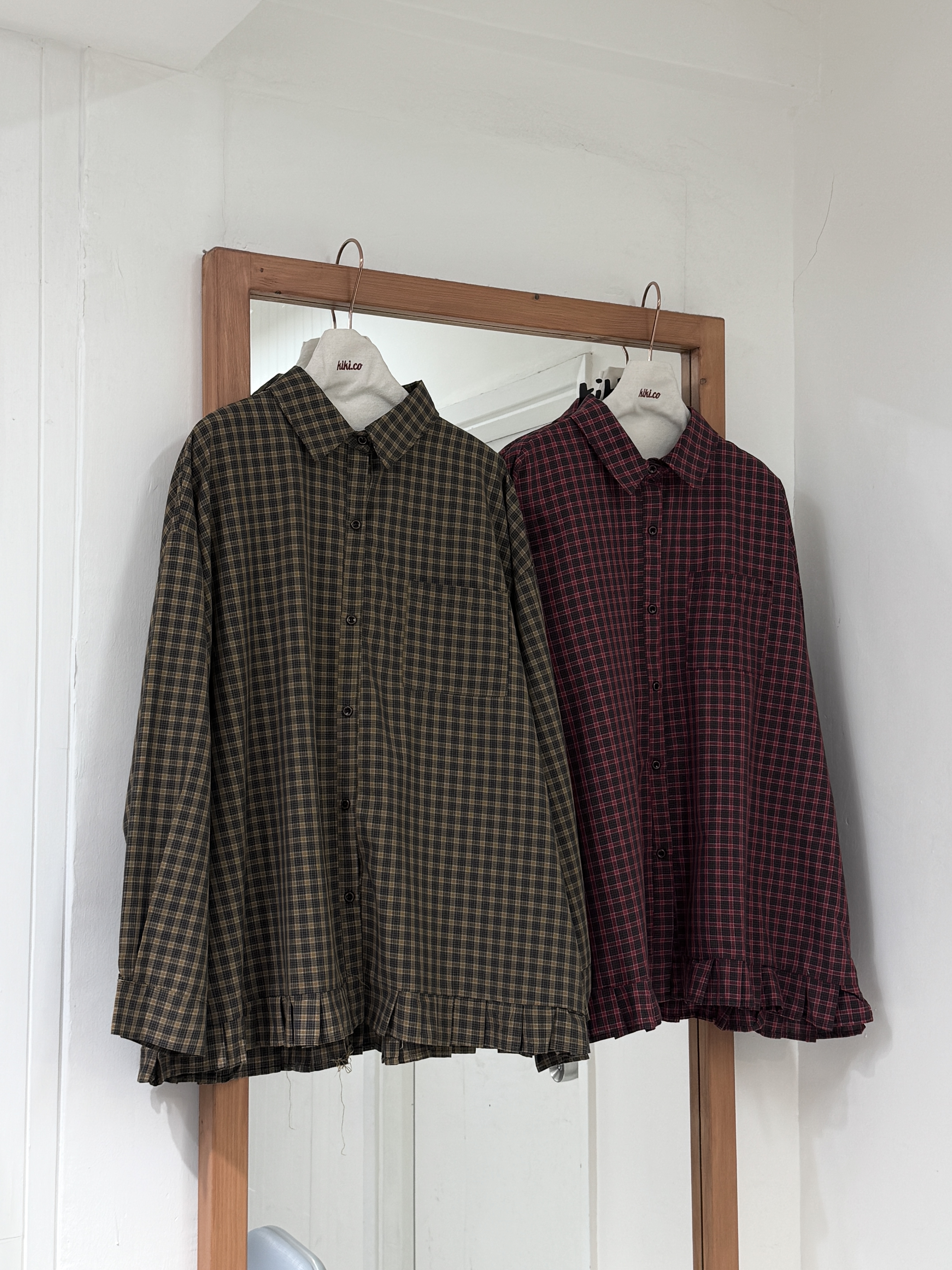 混色格紋ruffle底邊恤衫