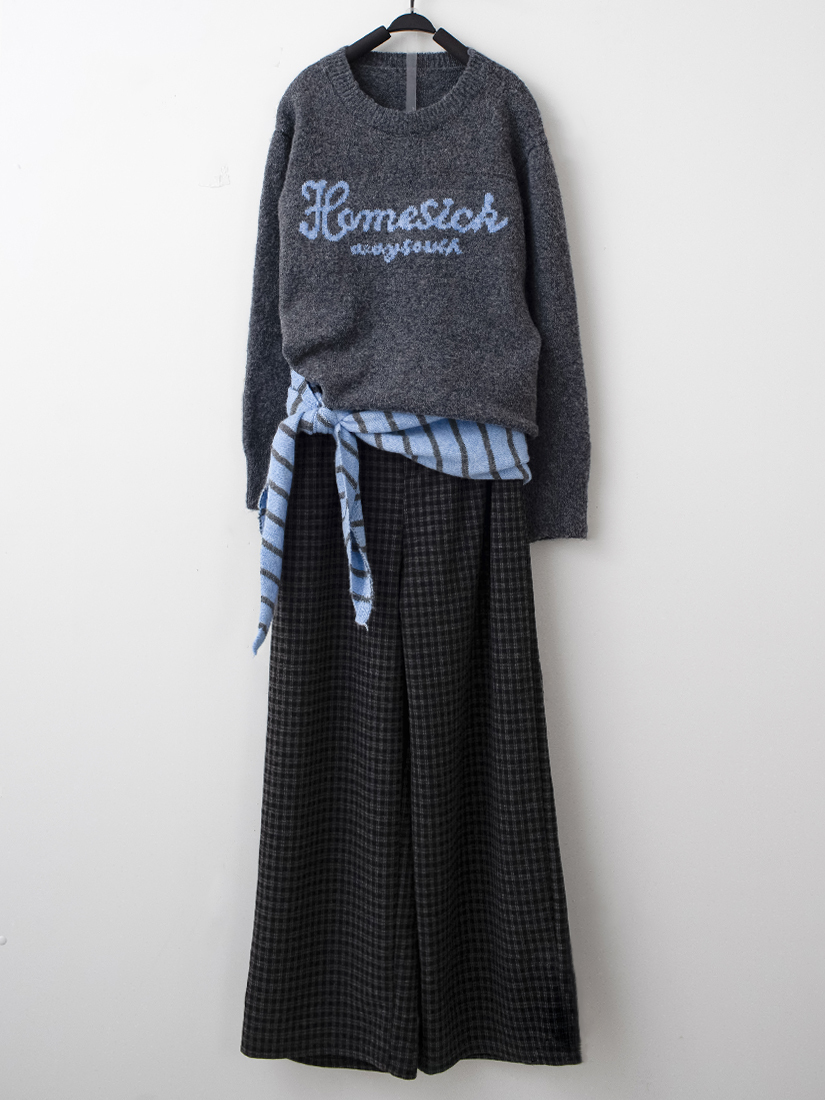 條紋披肩針織上衣磨毛格紋打褶直筒長褲