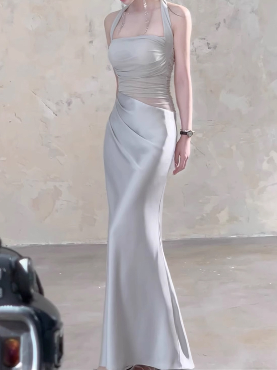 緞面網紗拼接 收腰魚尾洋裝(杏/銀)