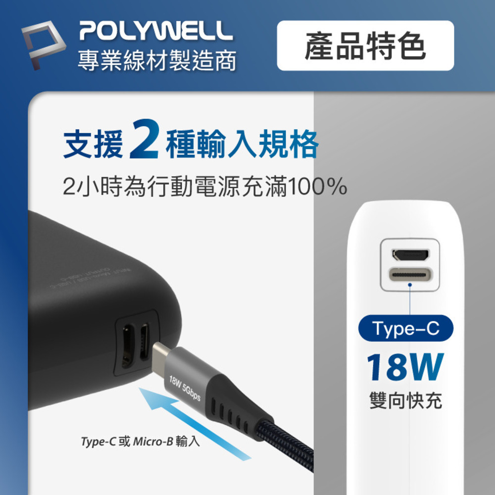POLYWELL 寶利威爾 雙向快充行動電源【DZ0220】