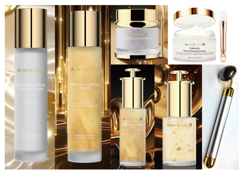 EE260202-C5A-ANDRE DERMES 黃金系列 (肌密修護潔顏乳 120ML (EXP 10/2028)+黃金肌密修護精華水 120ML (EXP 10/2028)＋黃金賦活精萃油 30ML (EXP 10/2028)＋黃金御齡逆時精華 30ML (EXP 10/2028)＋基因重塑煥顏黃金霜 50ML (EXP 10/2028))送 黃金面膜 200ML +日本太赫茲電動按摩棒