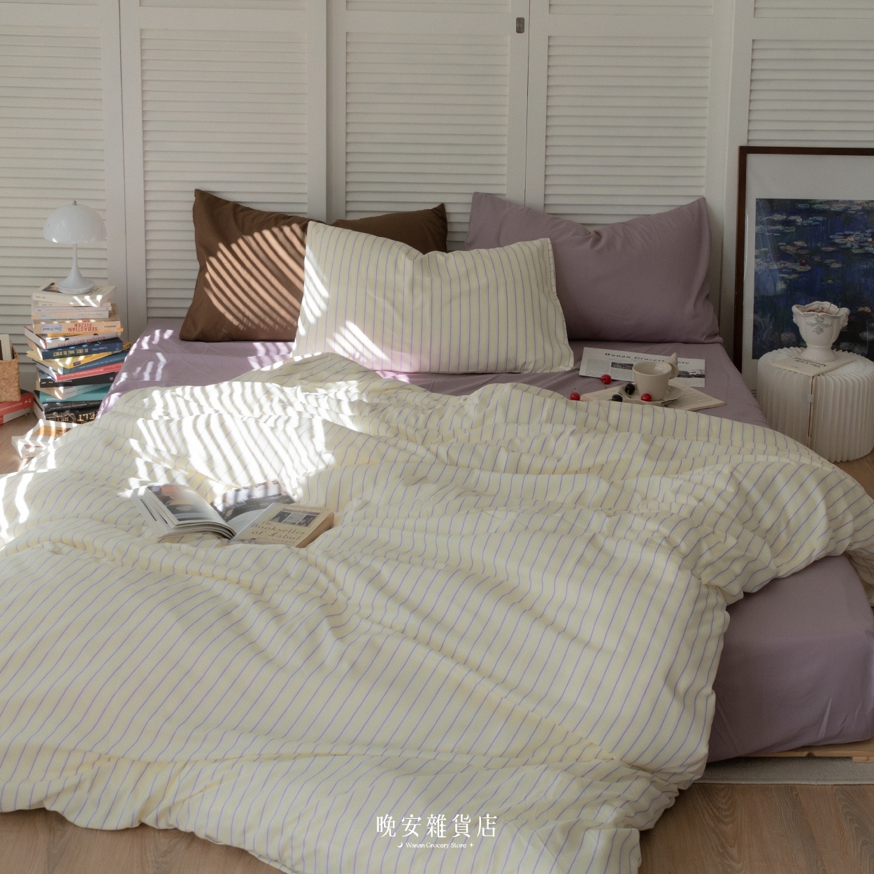 條紋拼接水洗棉【朱利安與貓】床單床包組