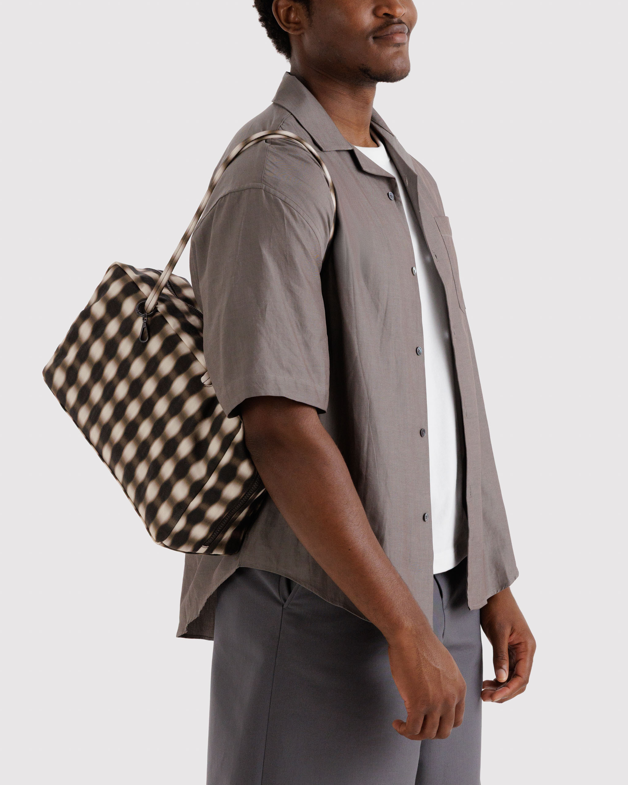Medium Nylon Bowler Bag - Blurred Gingham Brown | BAGGU