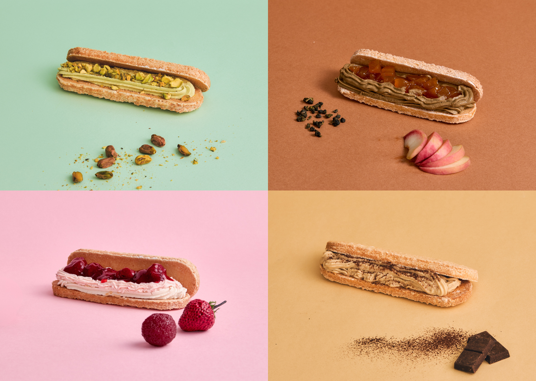 AT MY 手工達克瓦茲四款口味實拍，包含開心果、蜜桃烏龍、莓果與巧克力風味，展現達克瓦茲食譜中不同內餡搭配的外酥內柔層次與法式甜點美感