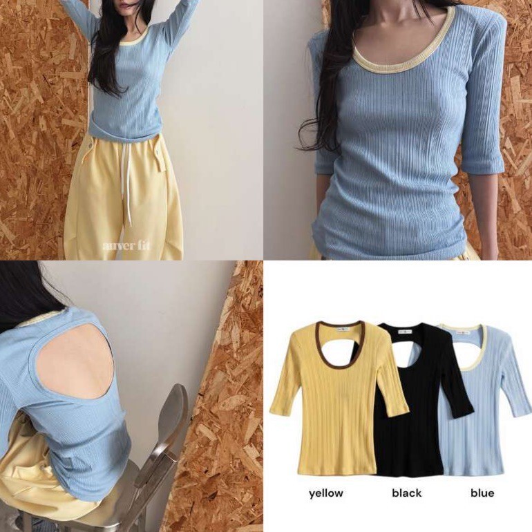 露背撞色邊上衣