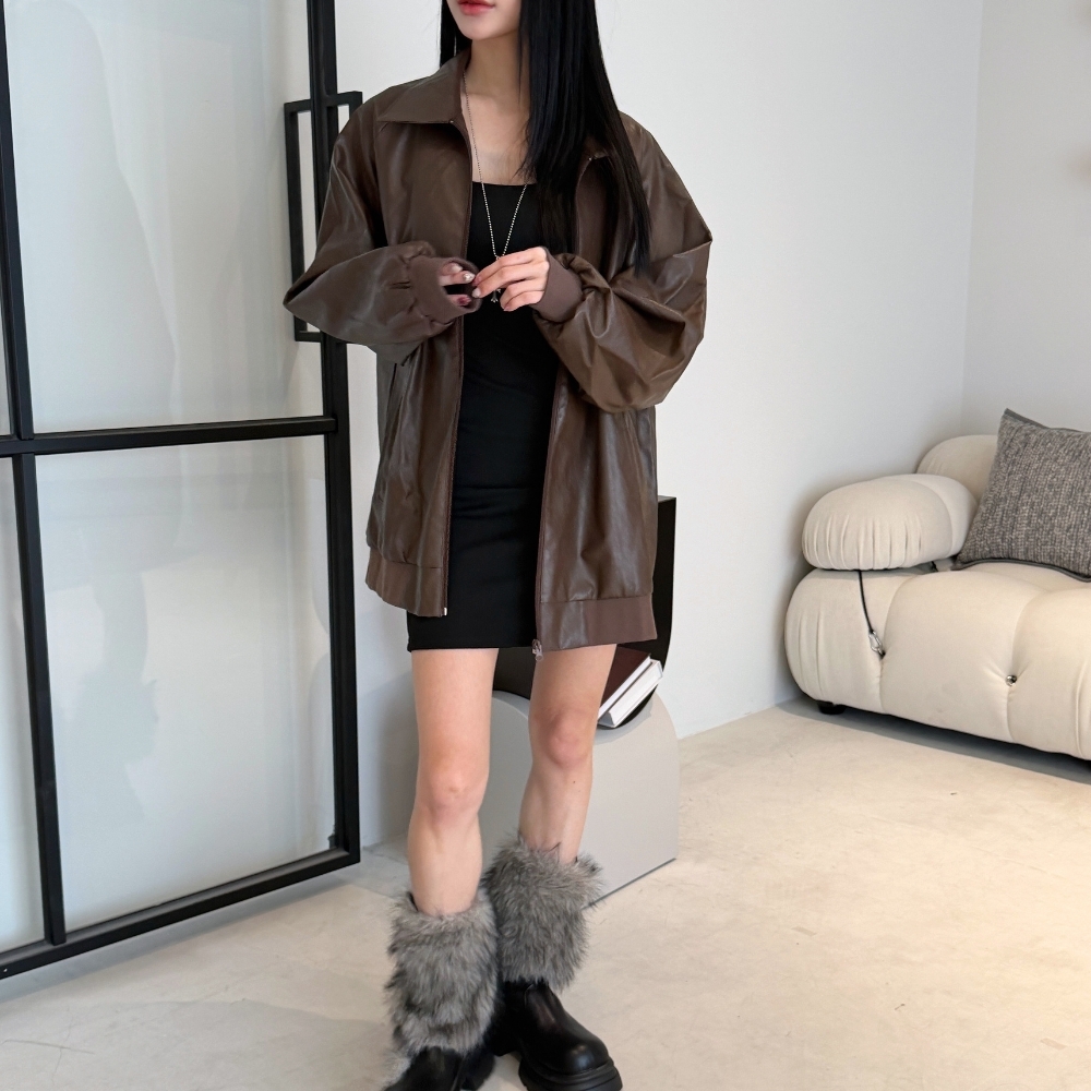 【百搭皮衣】新增色! DOMISS訂製-百搭寬鬆 皮外套 皮衣 夾克 寬鬆外套 皮革 外套(現貨)