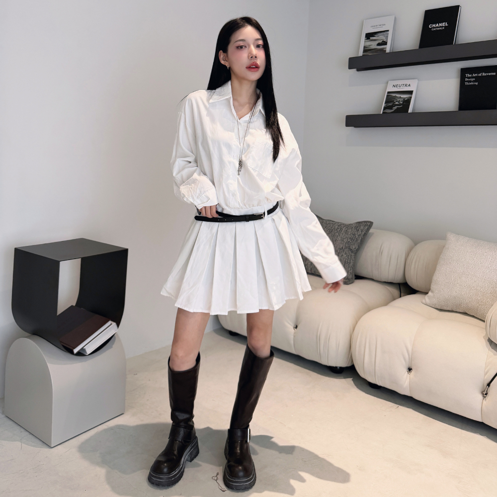 【時髦精心寵】DOMISS長版襯衫裙-附腰帶 俐落線條 一件穿出比例-2色(現貨)