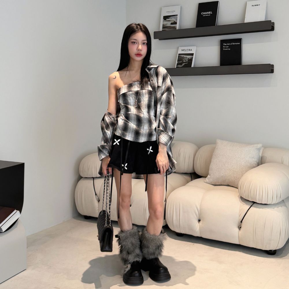 【冷調情緒】DOMISS早春不對稱格紋抹胸+襯衫 兩件套 套裝 (現貨)