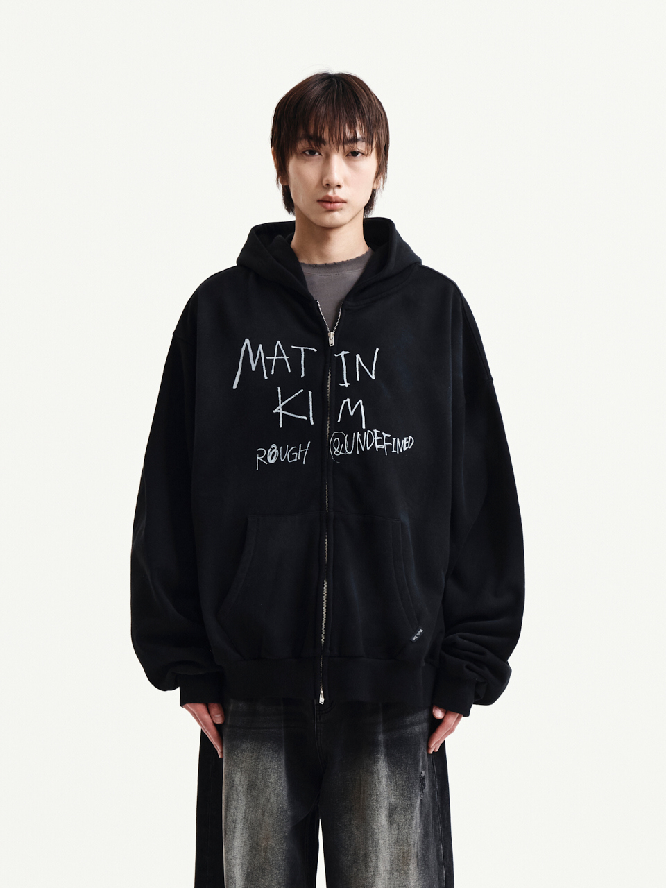 復古塗鴉LOGO連帽拉鍊外套 黑色