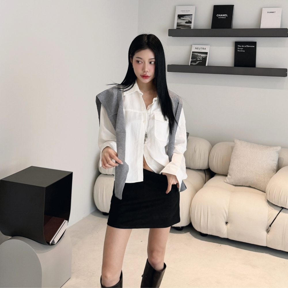 【韓妞日記】DOMISS耐看鐵牌基礎襯衫+披肩 襯衫外套-2色(現貨)
