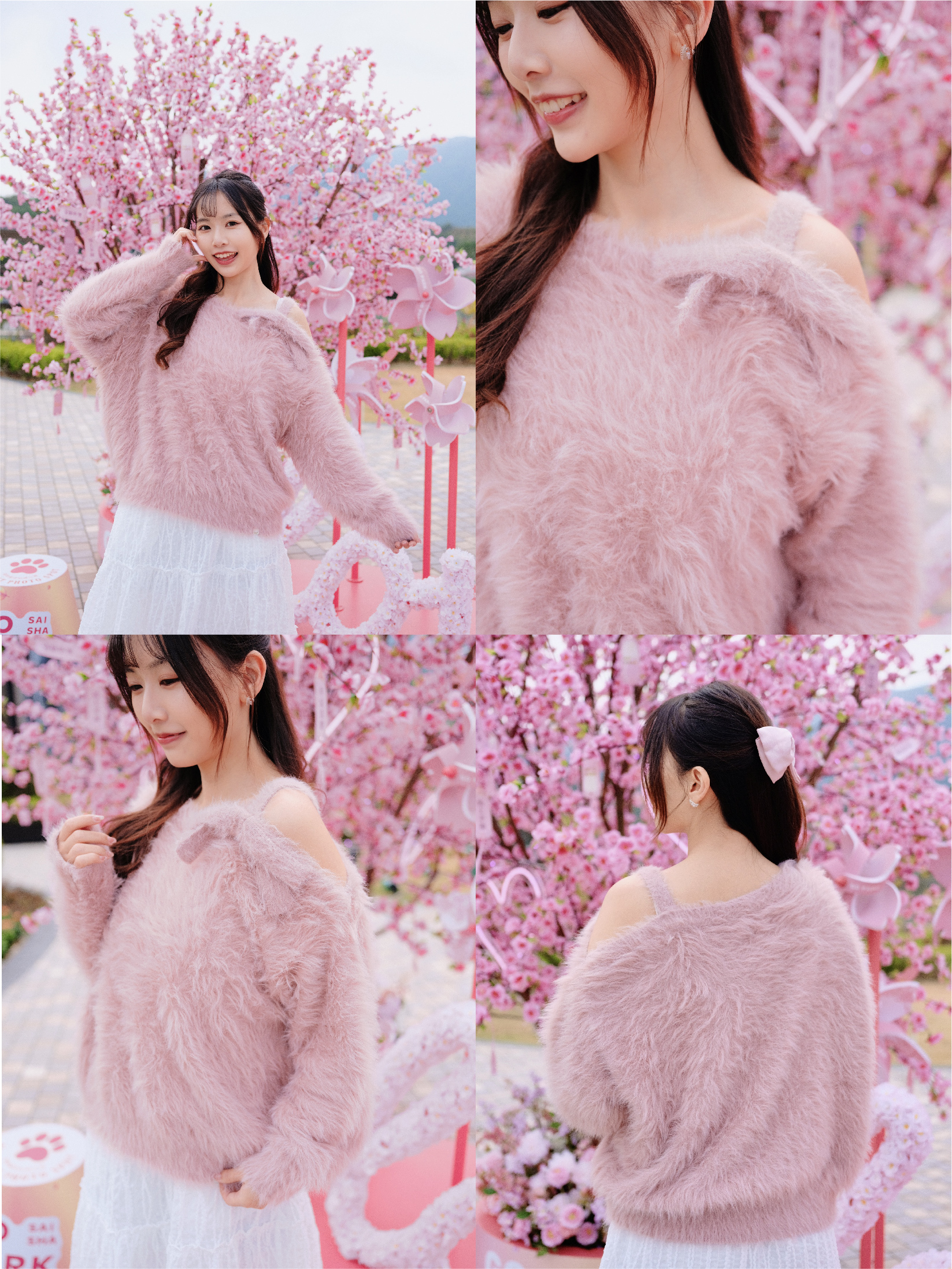 三色 / 加長貂毛蝴蝶結露肩毛衣 / Shaggy Bow Asymmetric Off Shoulder Knitwear