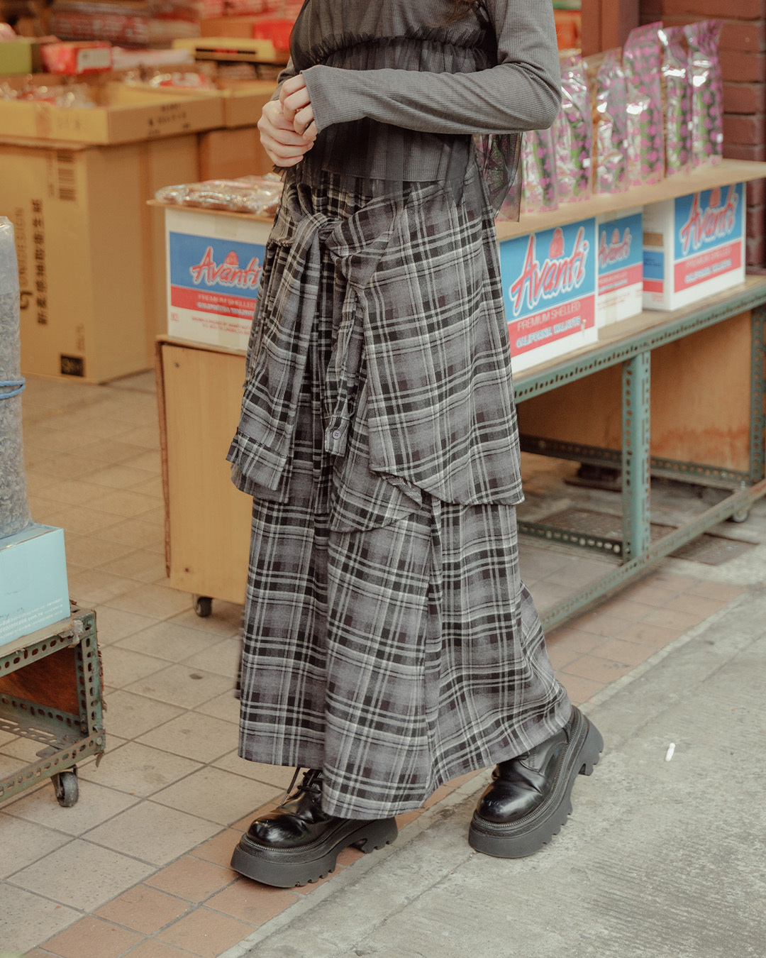 Plaid brushed shirt with a belted waist and faux two-piece long skirt, available in two colors.【03021716】in stock+pre-order