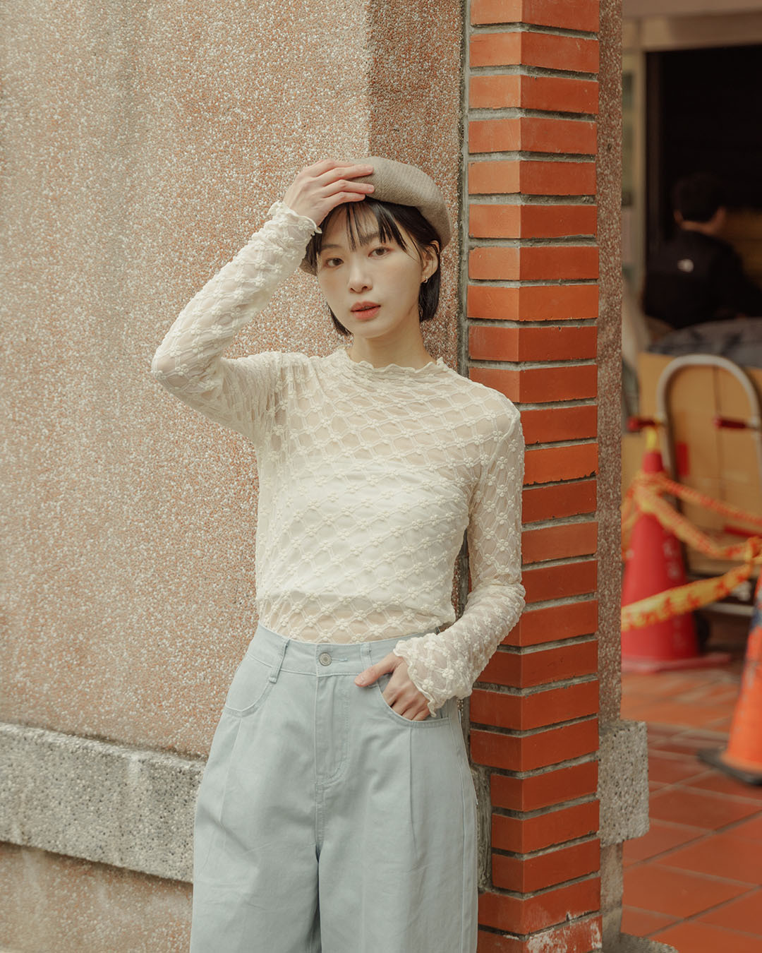 Floral trim sheer turtleneck top, available in four colors.【01099585】in stock+pre-order