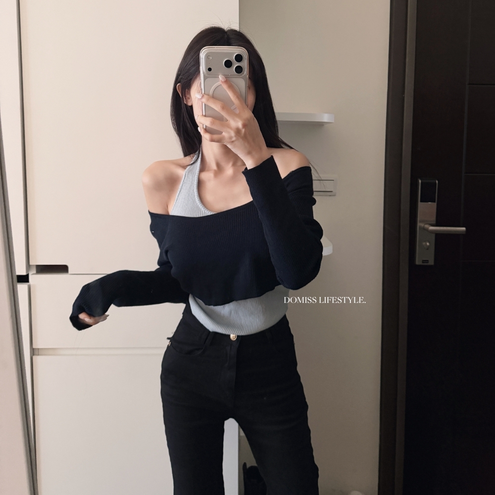 【微醺心機】掛脖削肩疊穿毛衣 不對稱毛衣-2色(現貨)