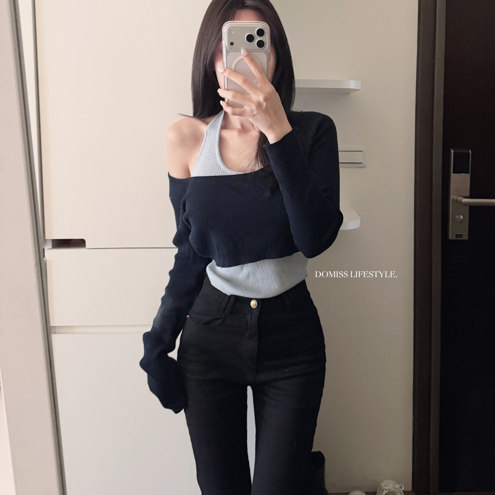 【微醺心機】掛脖削肩疊穿毛衣 不對稱毛衣-2色(現貨)