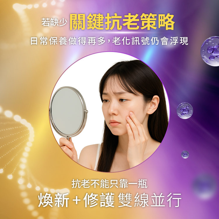 若缺少關鍵抗老策略,日常保養做得再多,老化訊號仍會浮現。抗老不能只靠一瓶,必須煥新與修護雙線並行。