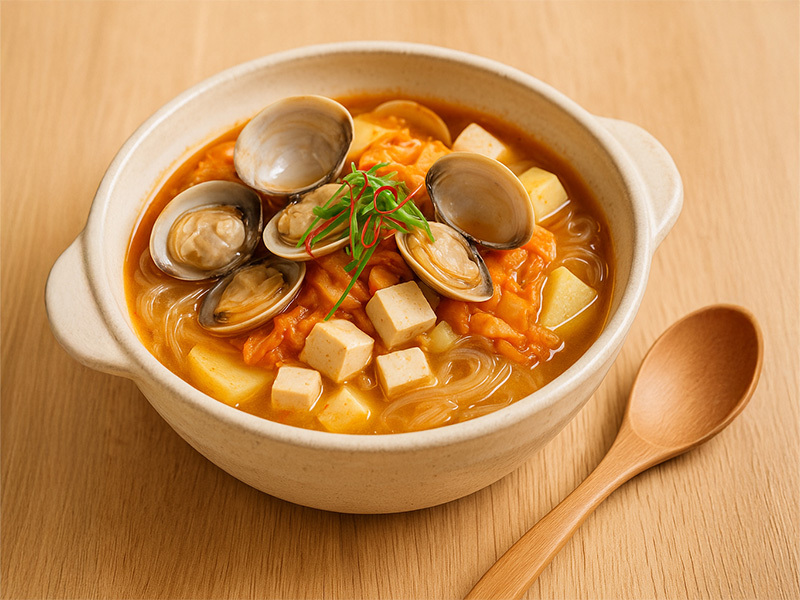 韓式泡菜鮮蜆粉絲豆腐煲熱氣騰騰出鍋畫面