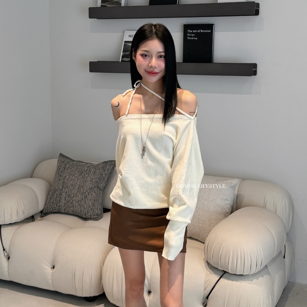 【鎖骨說情話】DOMISS斜肩綁帶毛衣 甜美性感毛衣-5色(現貨)