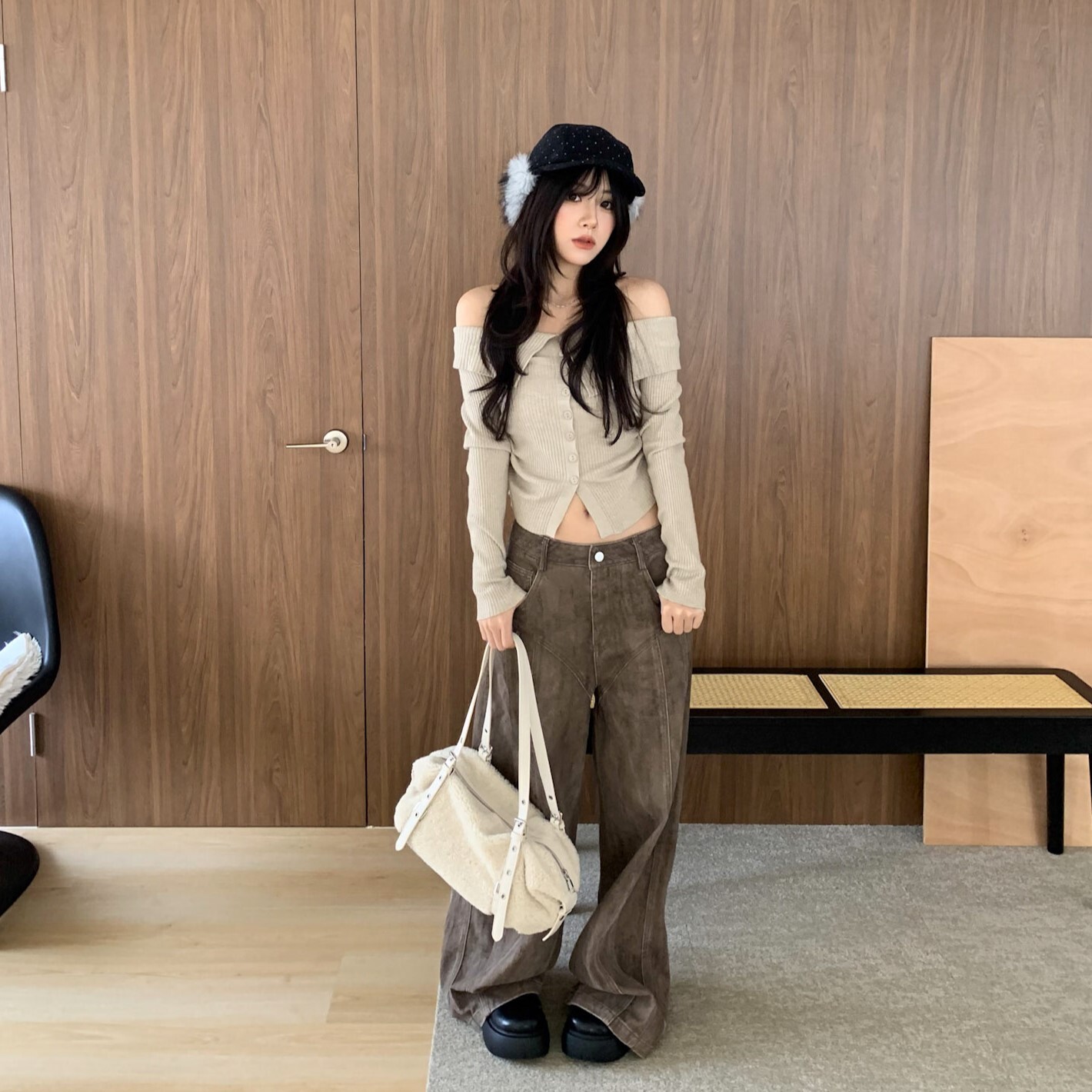 ISA_秋冬可可咖 復古水洗做舊直筒牛仔褲_51228