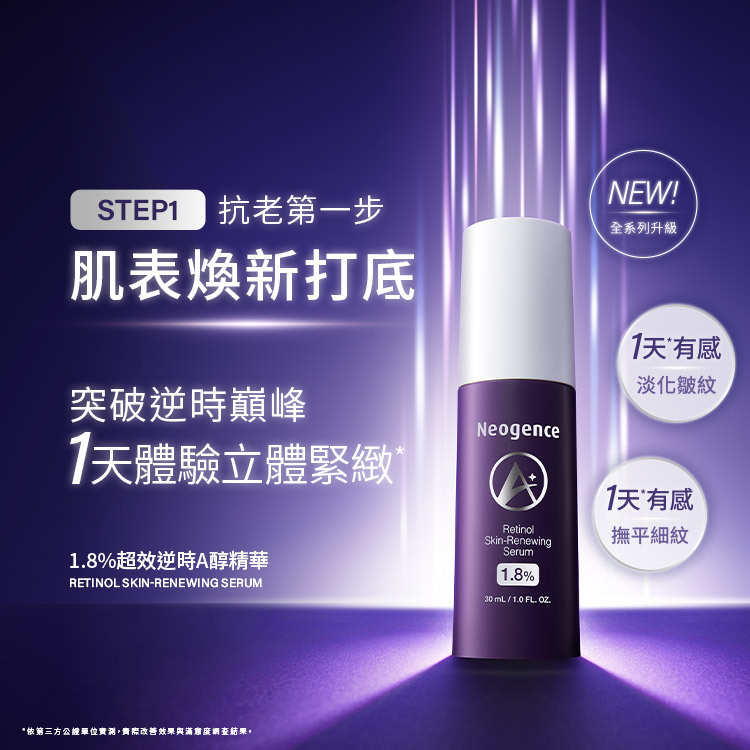 STEP 1 抗老第一步:肌表煥新打底。1.8%超效逆時A醇精華,突破逆時巔峰,1天體驗立體緊緻。NEW! 全系列升級。1天有感淡化皺紋、1天有感撫平細紋。依第三方公正單位實測結果。
