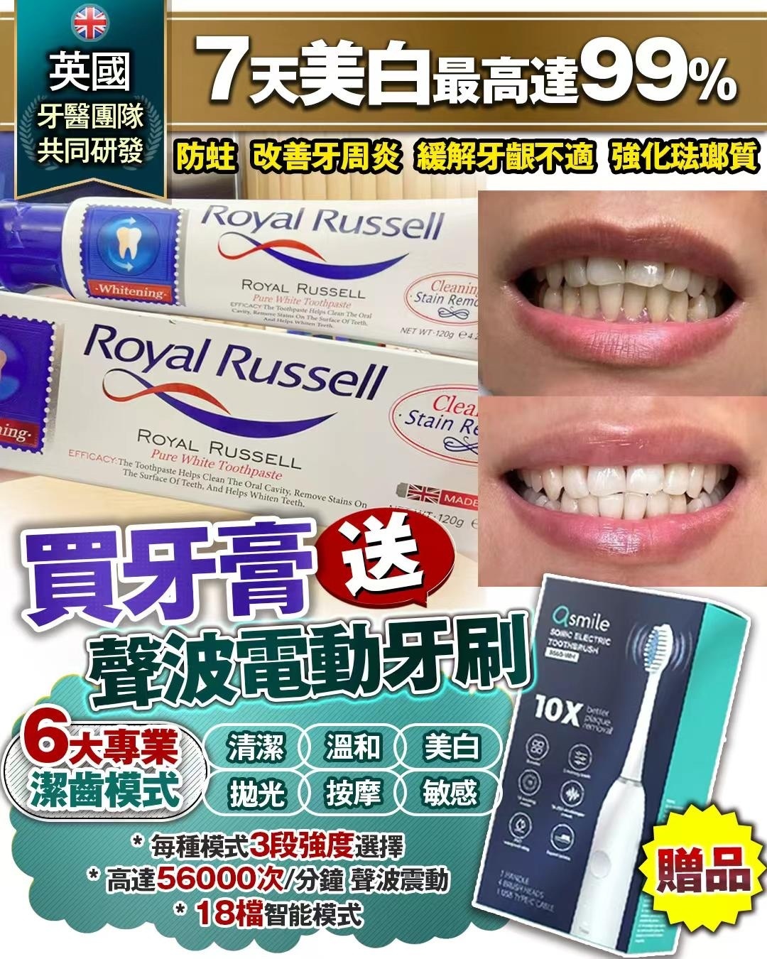 Royal Russell亮白牙膏 送 聲波電動牙刷