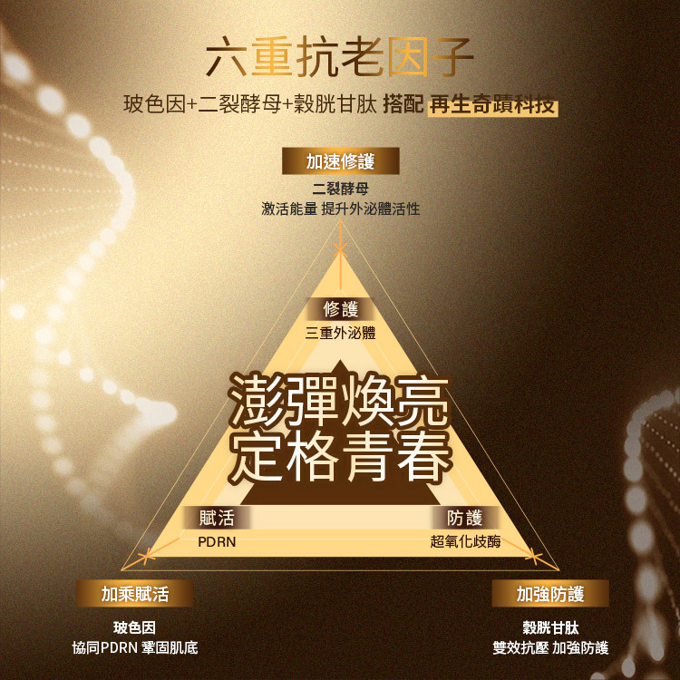 六重抗老因子搭配再生奇蹟科技。修護中心:三重外泌體。加速修護:二裂酵母。賦活:PDRN。加乘賦活:玻色因協同PDRN鞏固肌底。防護:超氧化物歧化酶。加強防護:穀胱甘肽雙效抗壓。達成澎彈煥亮定格青春。