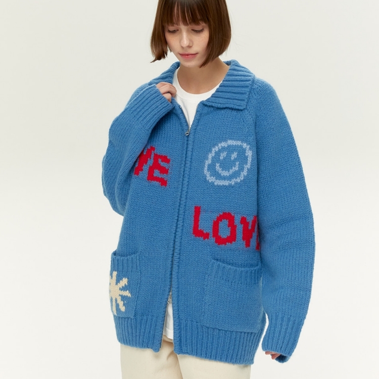 韓國 ooowl 童趣塗鴉羊毛外套 WE LOVE EVERYTHING 藍色