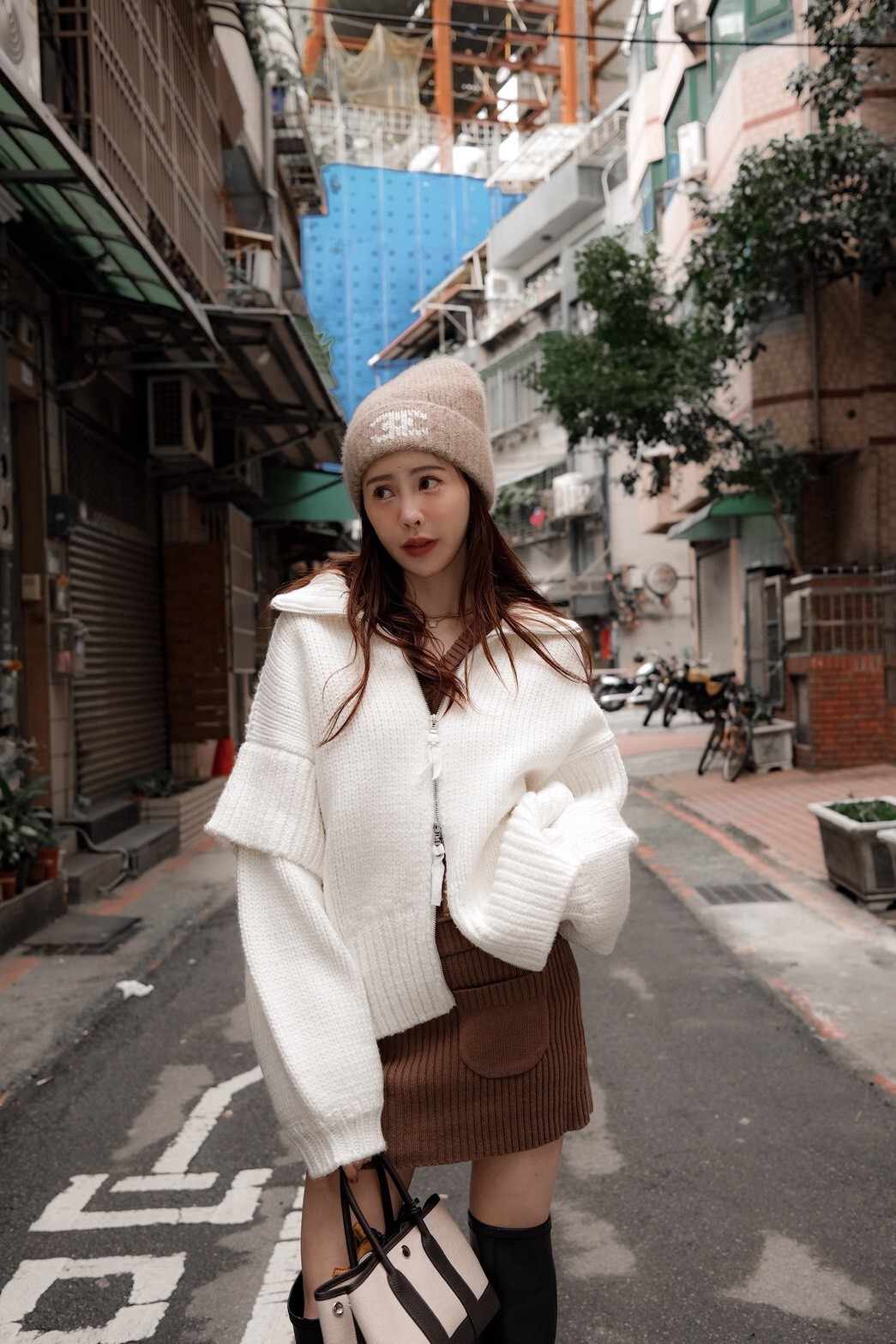 立領粗針織外套_AMISSA（白）