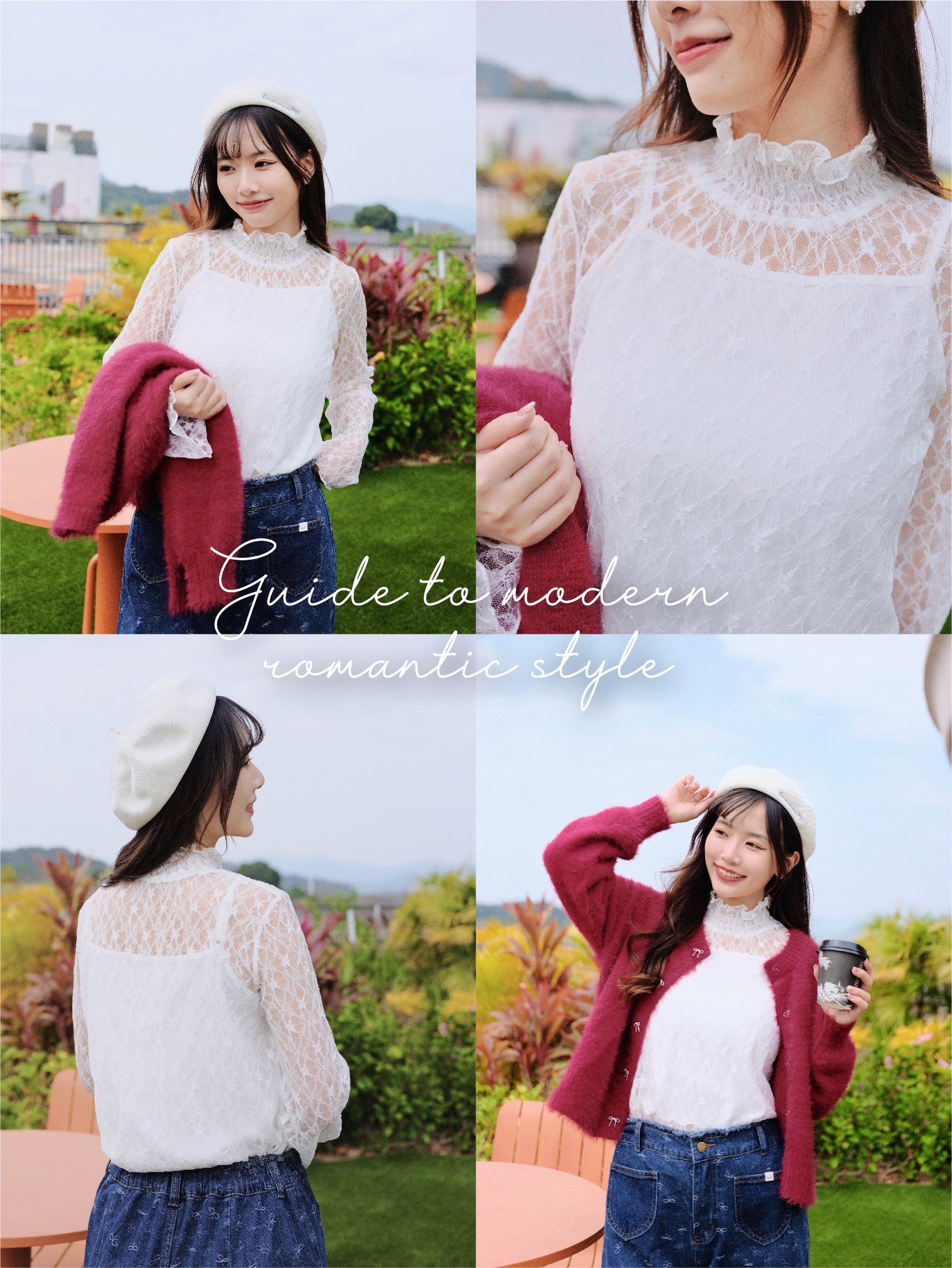 白色 / 高領蕾絲荷葉袖邊上衣 / High-Neck Lace Frill Cuffs Inner Top