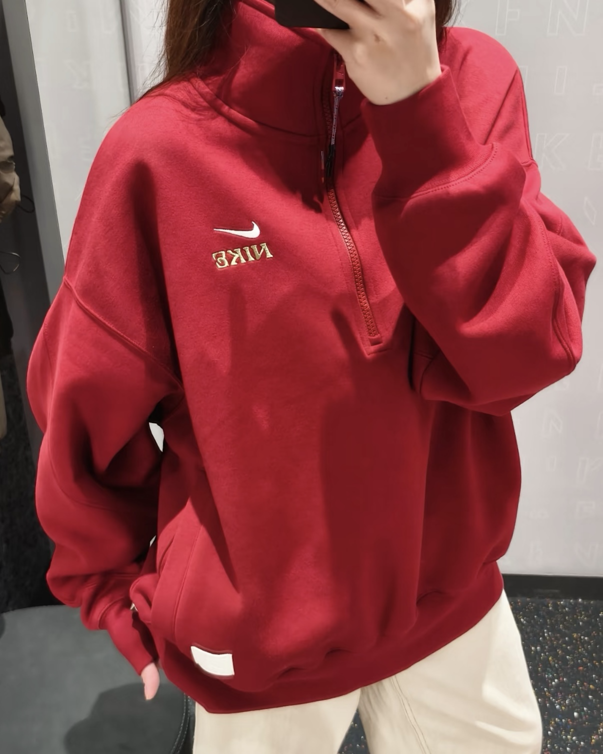 Nike Sportswear "Pegasus" CNY 馬年限定 半拉鍊 立領 內刷毛 飛馬 刺繡 長袖 上衣 紅色 奶茶色