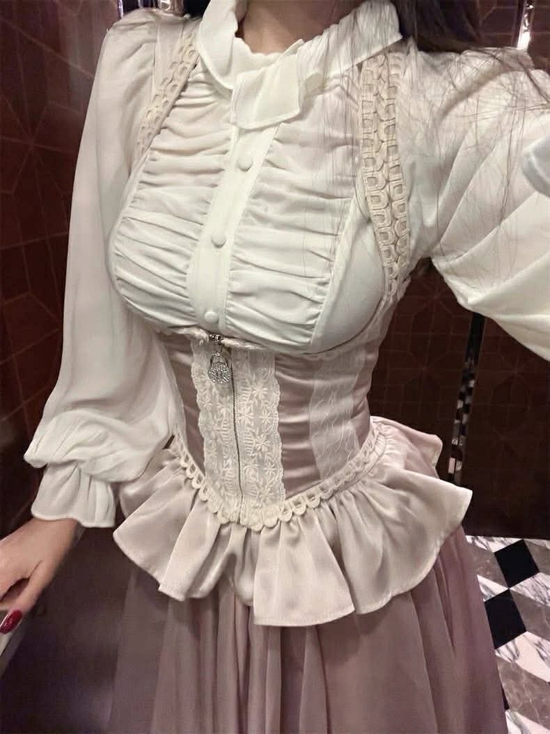 設計師家小立領中間抓皺襯衫+雙層緞面拼接蕾絲馬甲