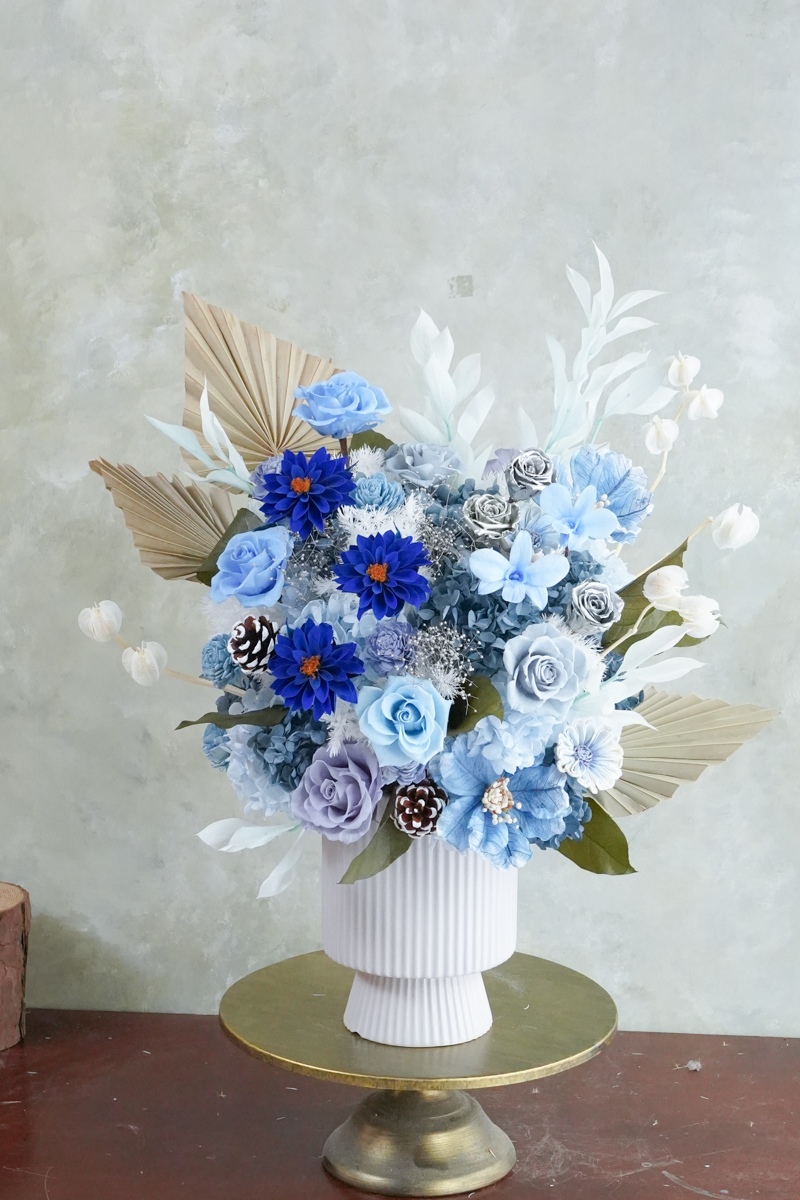 藍色永生花開幕盆花,升遷盆花推薦,台北代客送花服務,長官升遷送花推薦,藍色永生花特寫