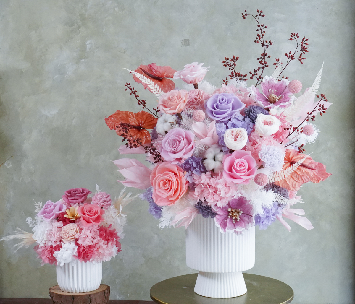 粉色開幕盆花,長官升遷送花推薦,台北開幕盆栽送花服務,永生花粉色,粉色玫瑰,代客送花服務