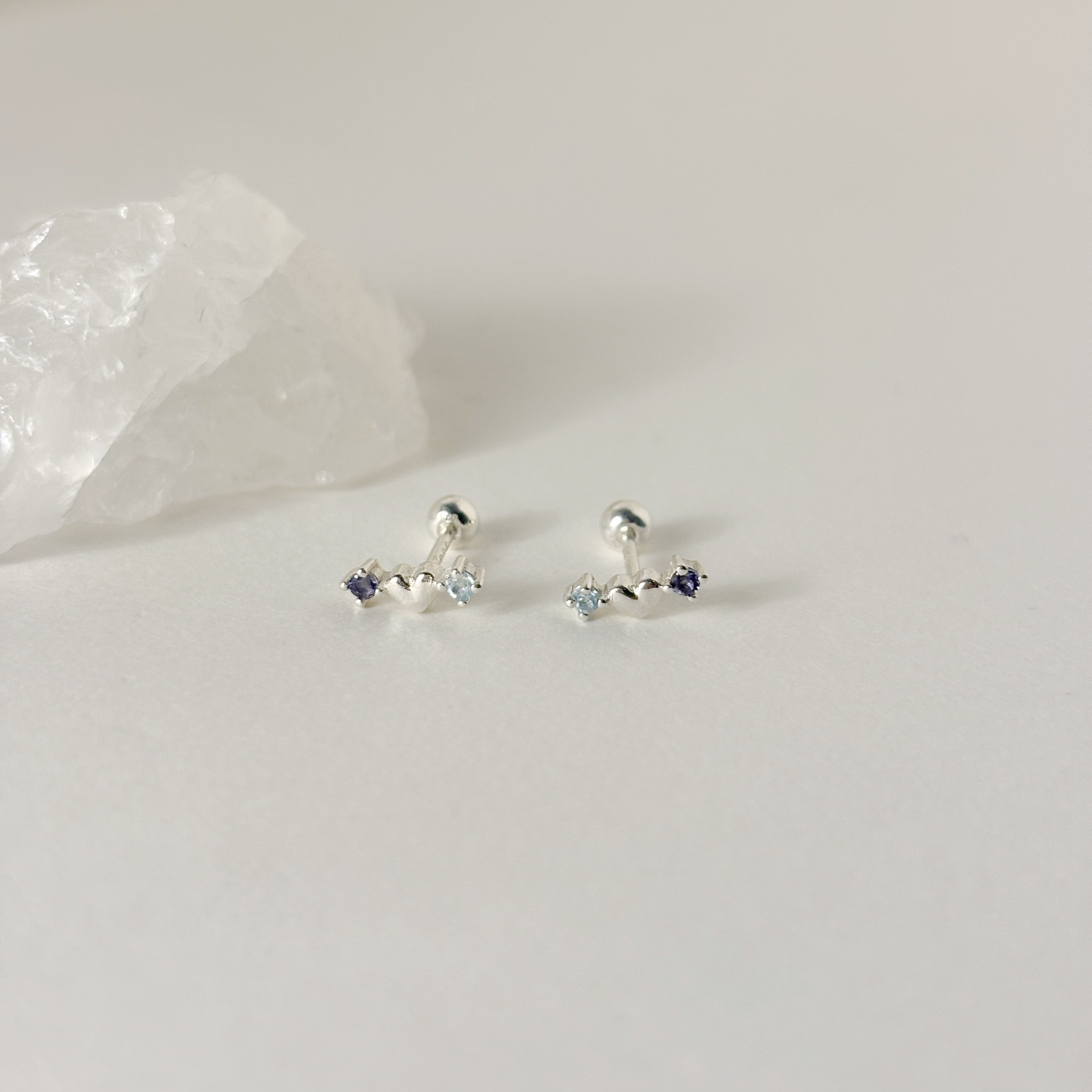 迷你澎澎愛心藍藍寶石轉珠耳環