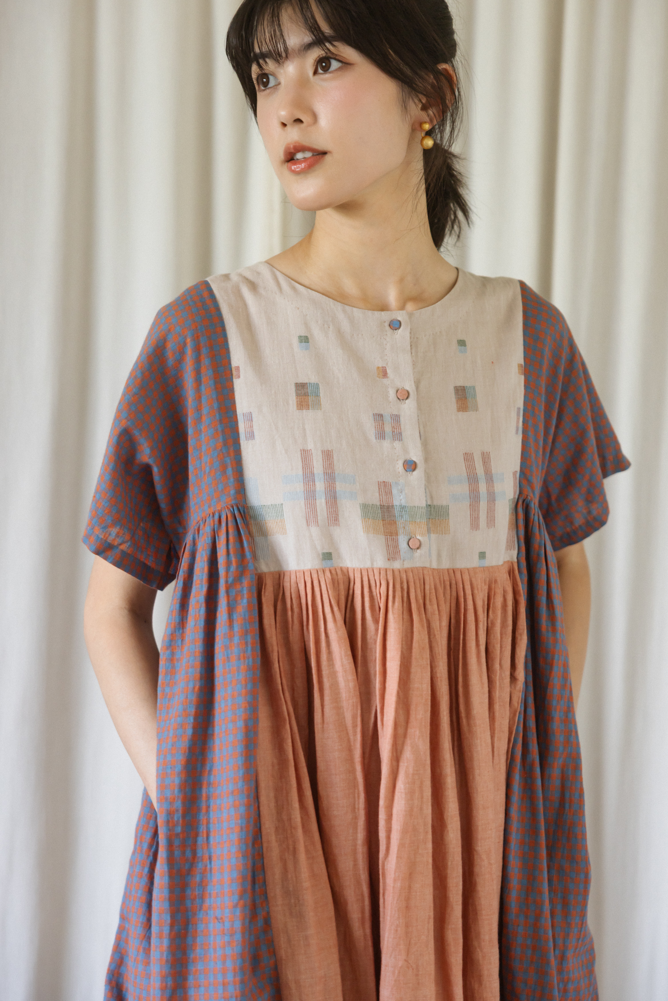 【karnam】粉色手織布jamdani短袖雙層長洋裝