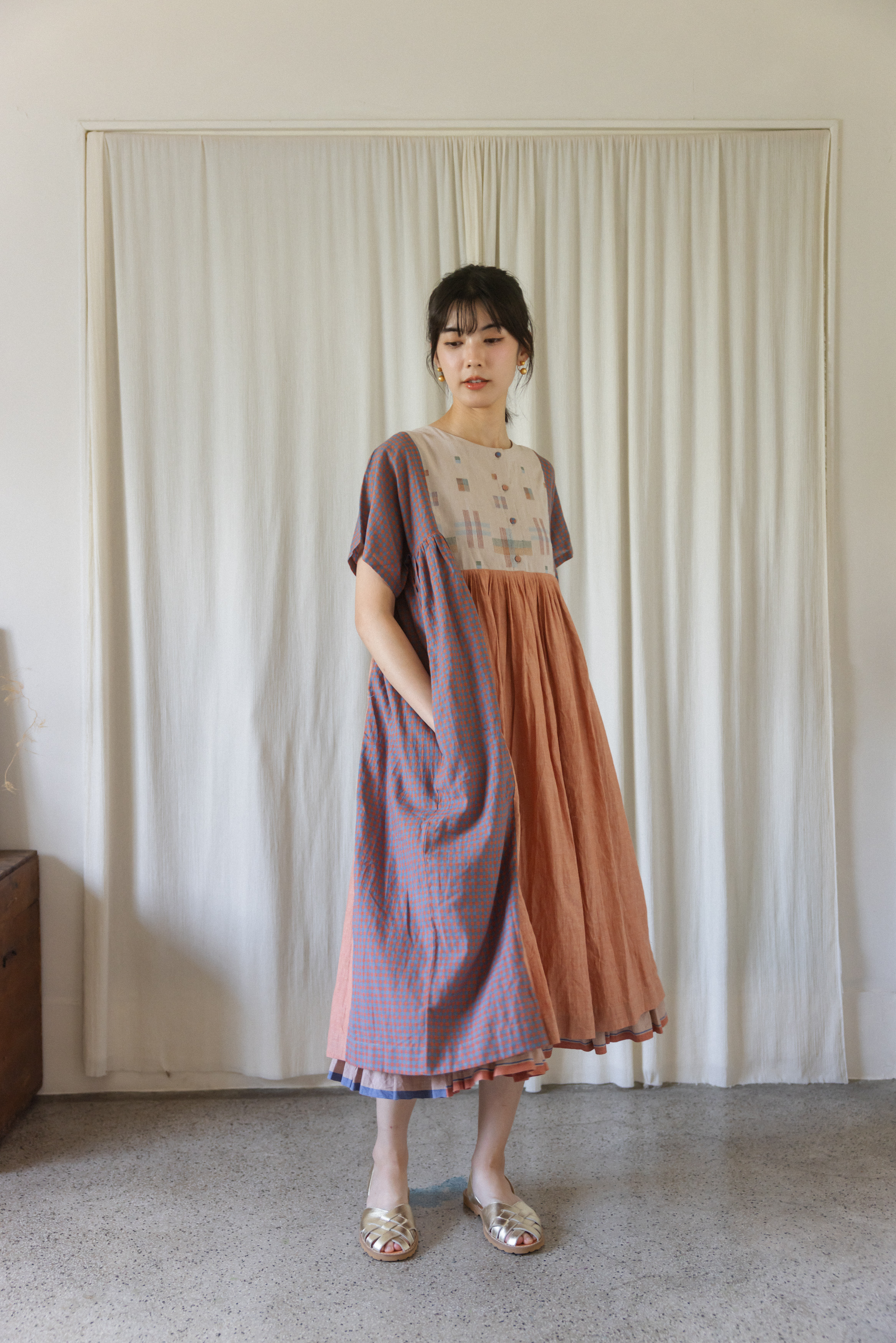 【karnam】粉色手織布jamdani短袖雙層長洋裝