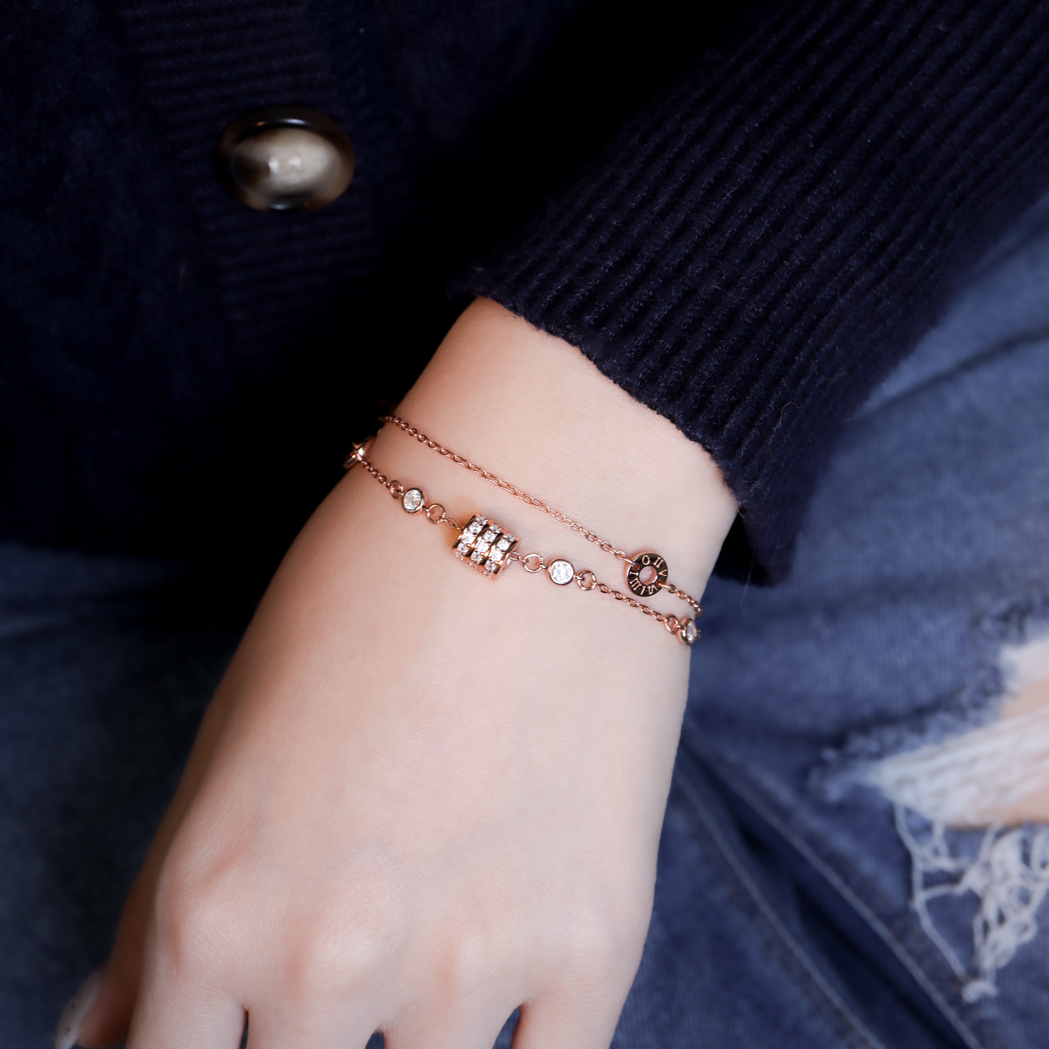 | 925純銀・白金・ 玫瑰金 | 數著日子小鈴鼓雙層手鏈(銀/玫瑰金) | BR1497 |