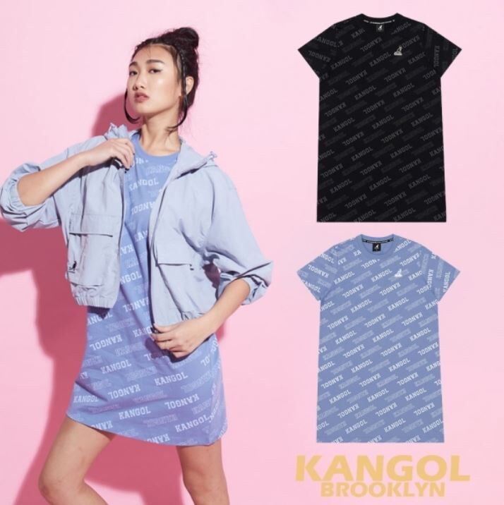【下殺↘ $499】KANGOL 黑灰 / 淺藍 滿版LOGO 連身 長版T 洋裝 女 6222158120 6222158181