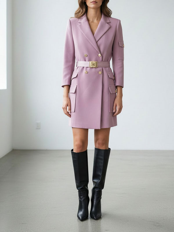 雙排釦附腰帶洋裝(紫)