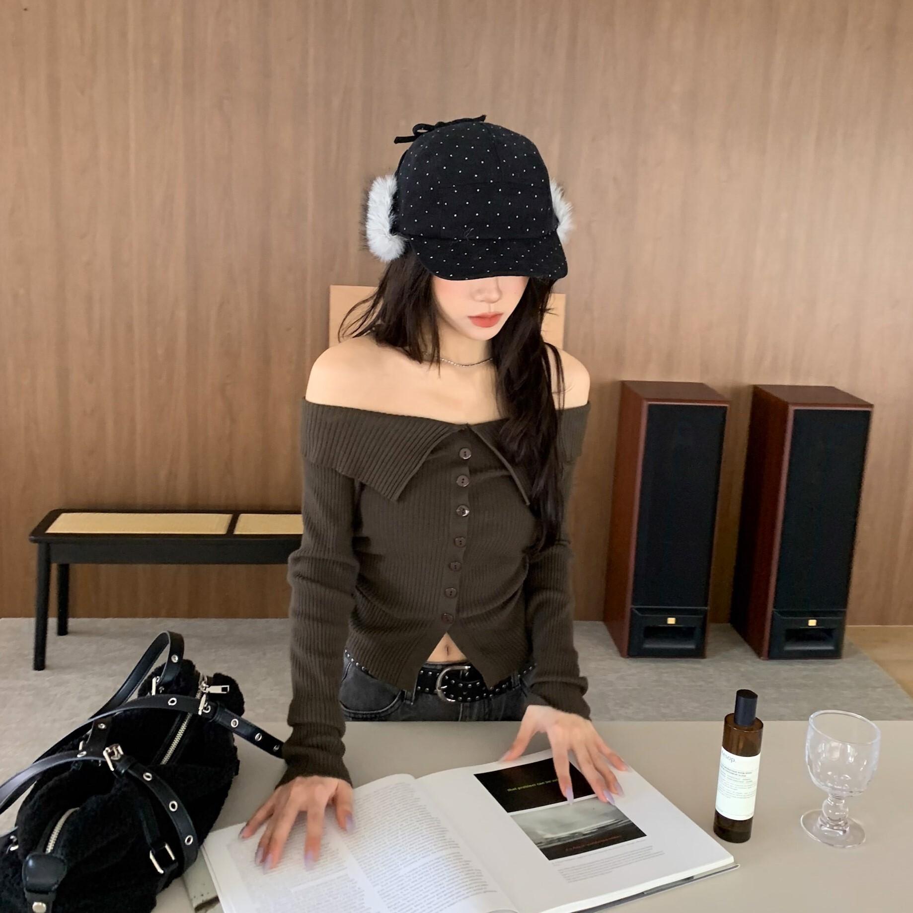 ISA_波點Pilot! 韓系燈芯絨綁帶護耳飛行帽_61044