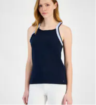 [S] TOMMY HILFIGER SKY CAPTAIN WOMEN'S HIGH-NECK RUFFLE-TRIM COTTON TANK TOP, J5DH0521-SYZ (STH1491)