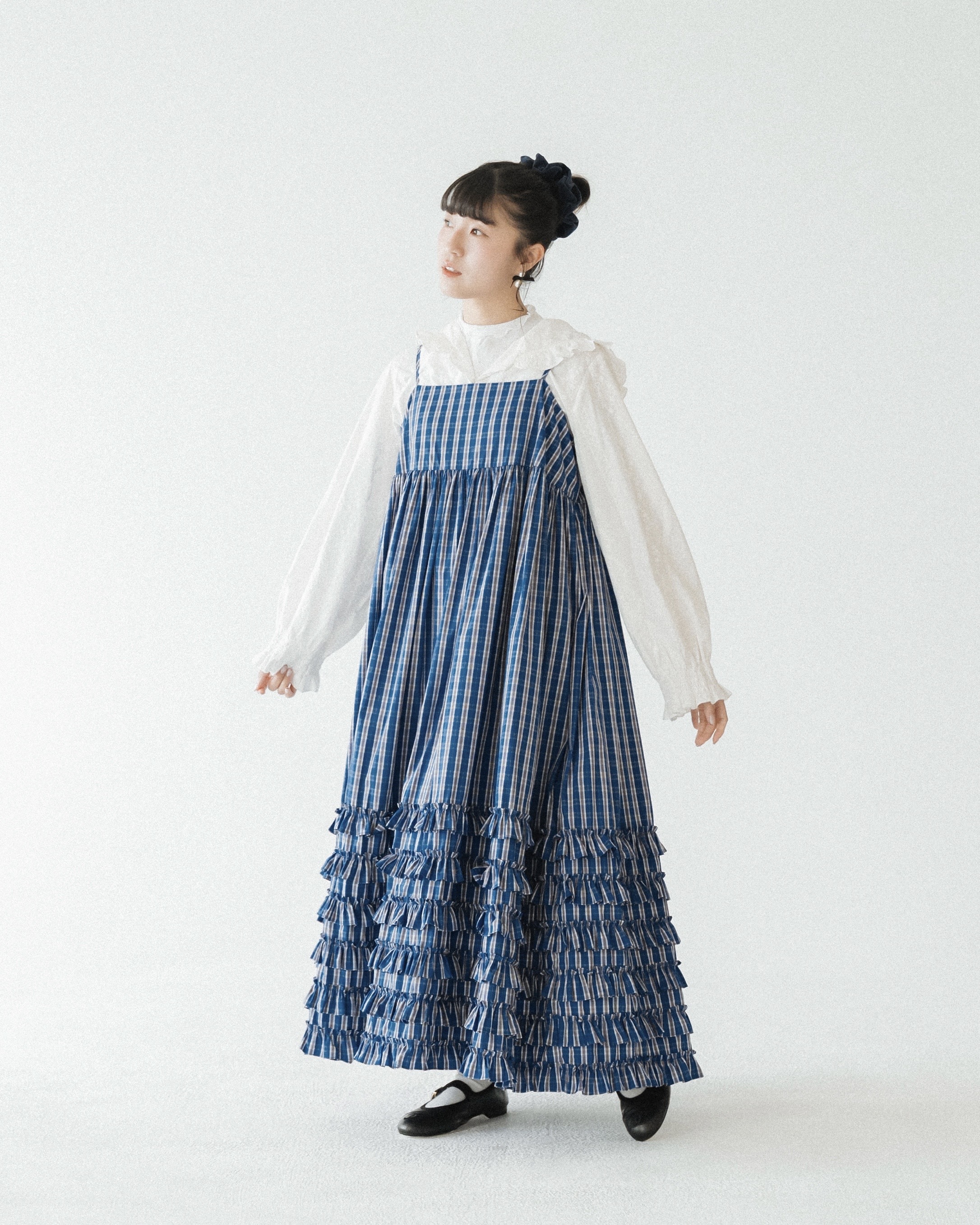 【 Kiki.co Made 】Ruffle Plaid overall dress - Blue