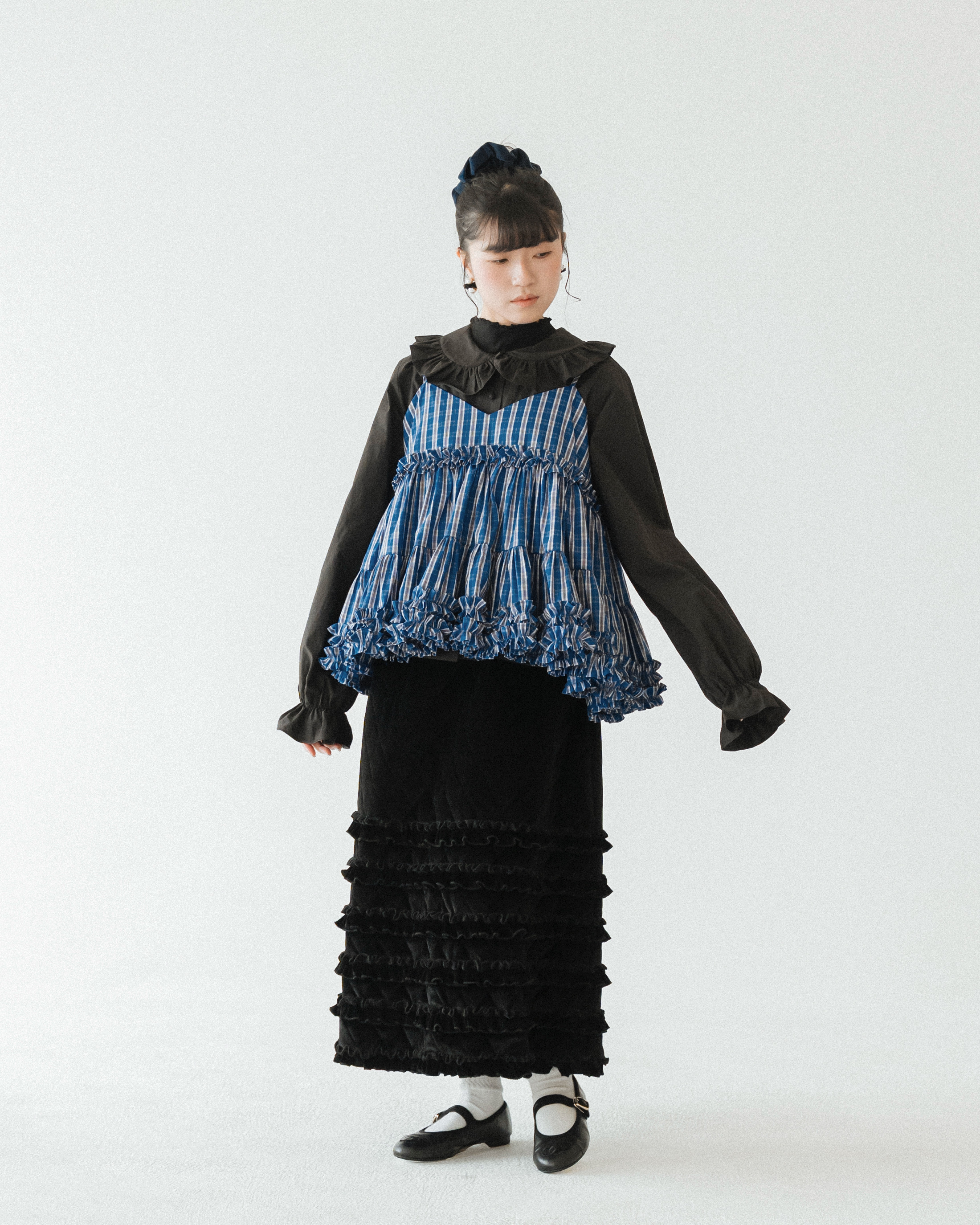 【 Kiki.co Made 】Ruffle plaid camisole layered - Blue