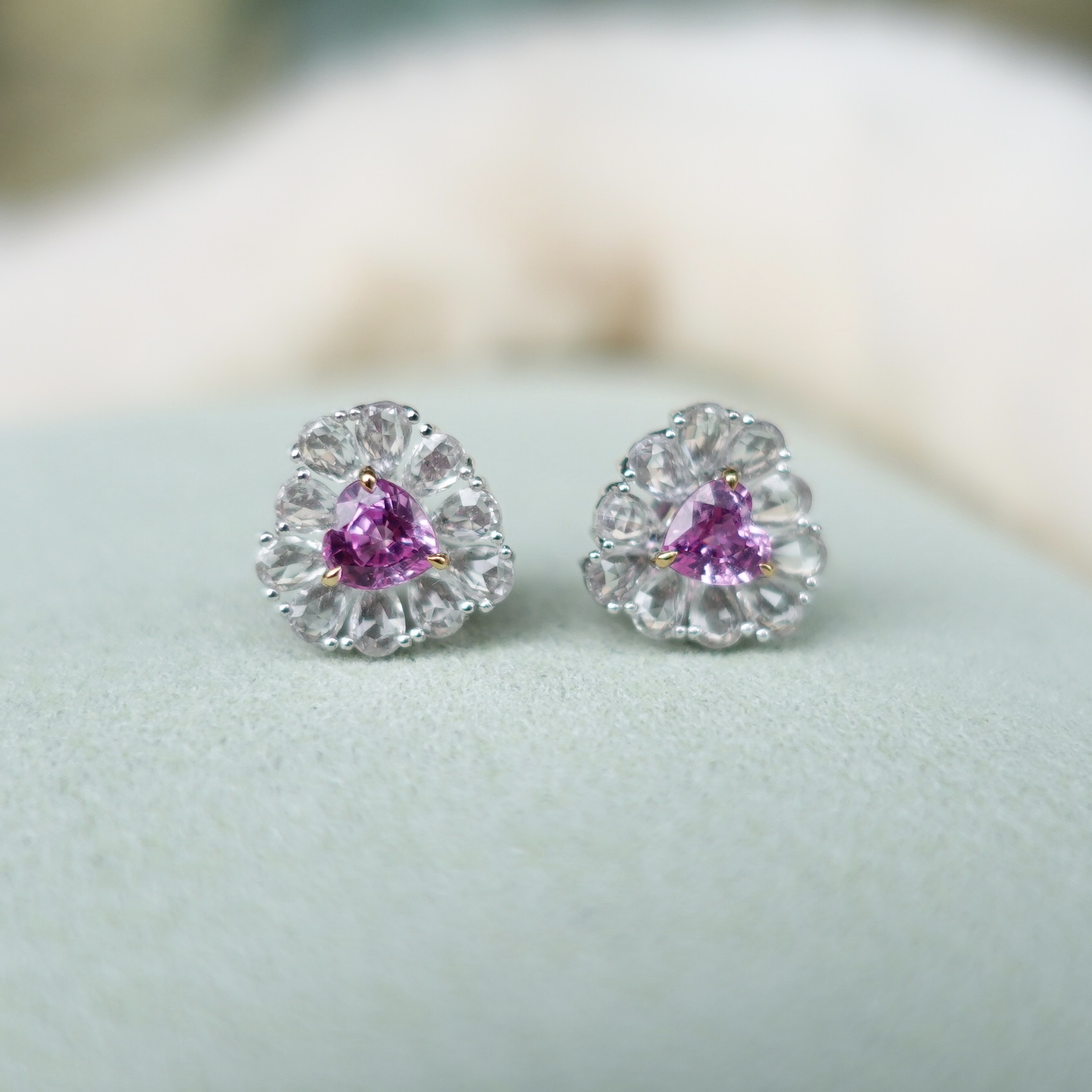 18K金心形粉紅藍寶石鑲嵌白藍寶耳釘