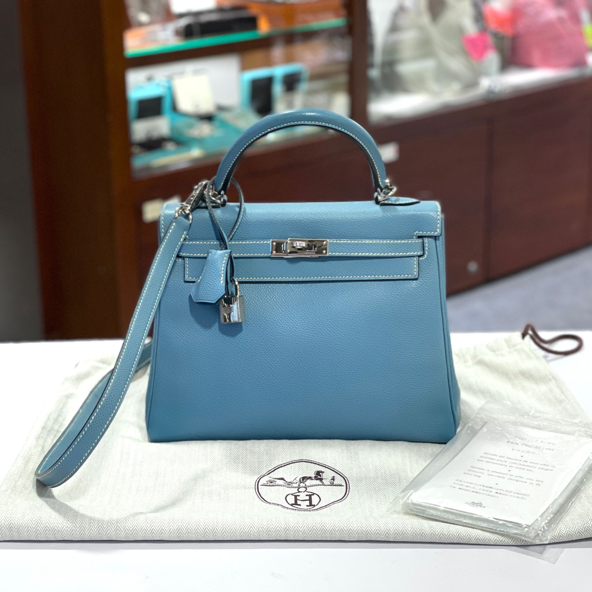 95%NEW二手KELLY 25  D2/BLUE JEAN EPSOM PHW 牛仔藍銀扣內縫 #愛馬士凱莉包 #K25 #香榭站正品