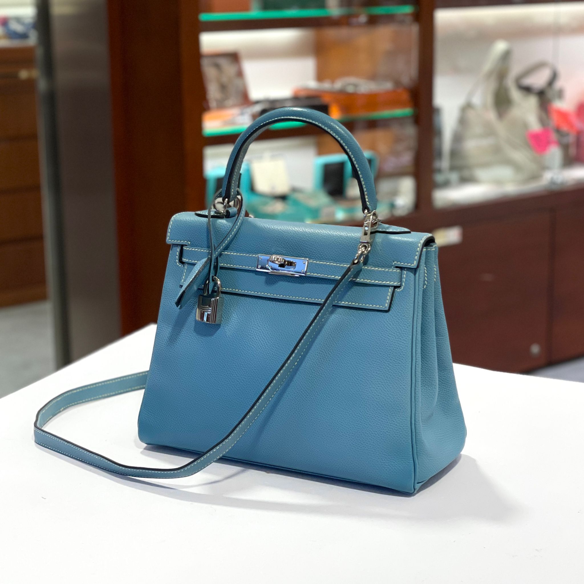 95%NEW二手KELLY 25  D2/BLUE JEAN EPSOM PHW 牛仔藍銀扣內縫 #愛馬士凱莉包 #K25 #香榭站正品