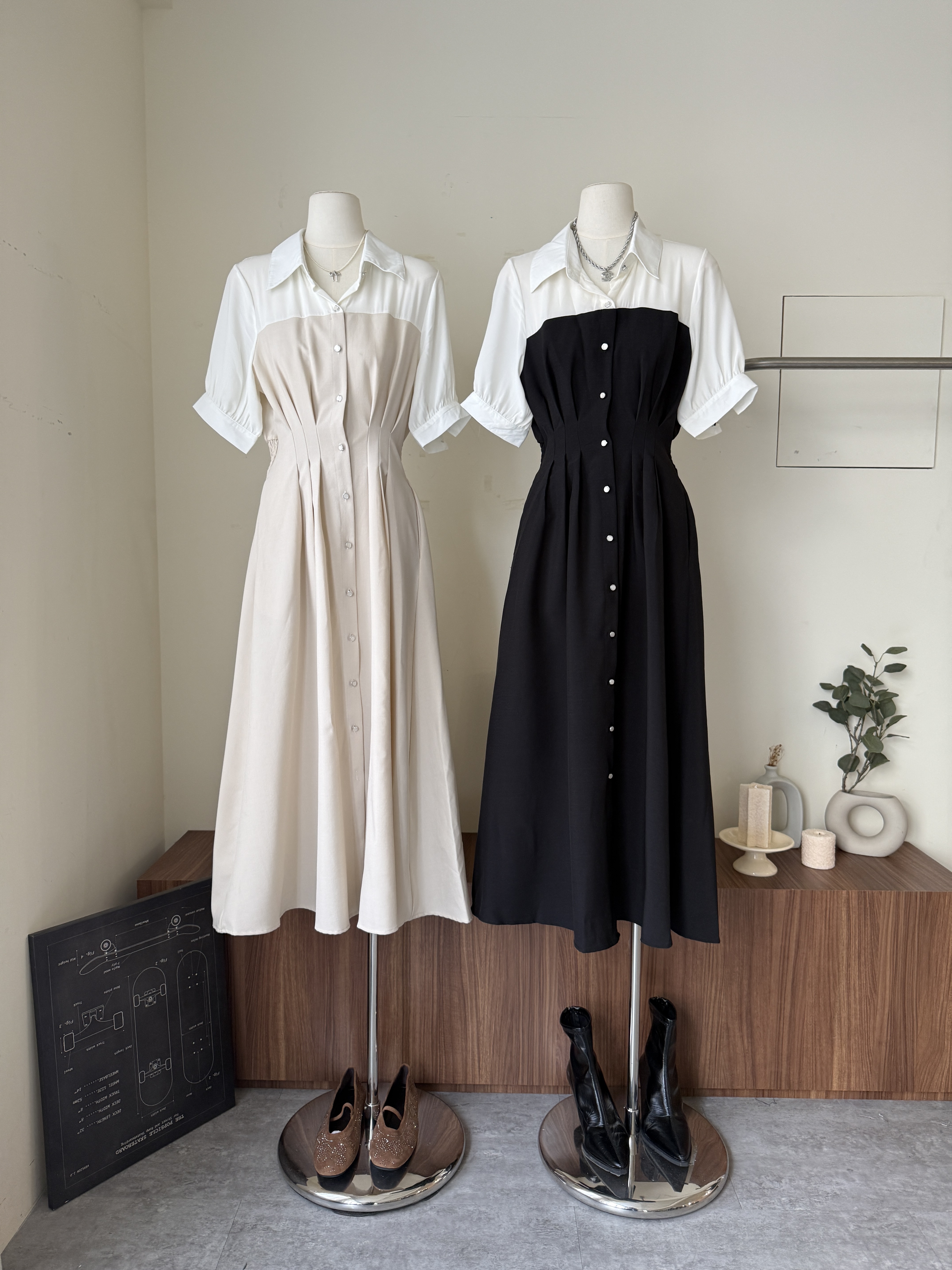 C1795-質感拼接排釦雪紡洋