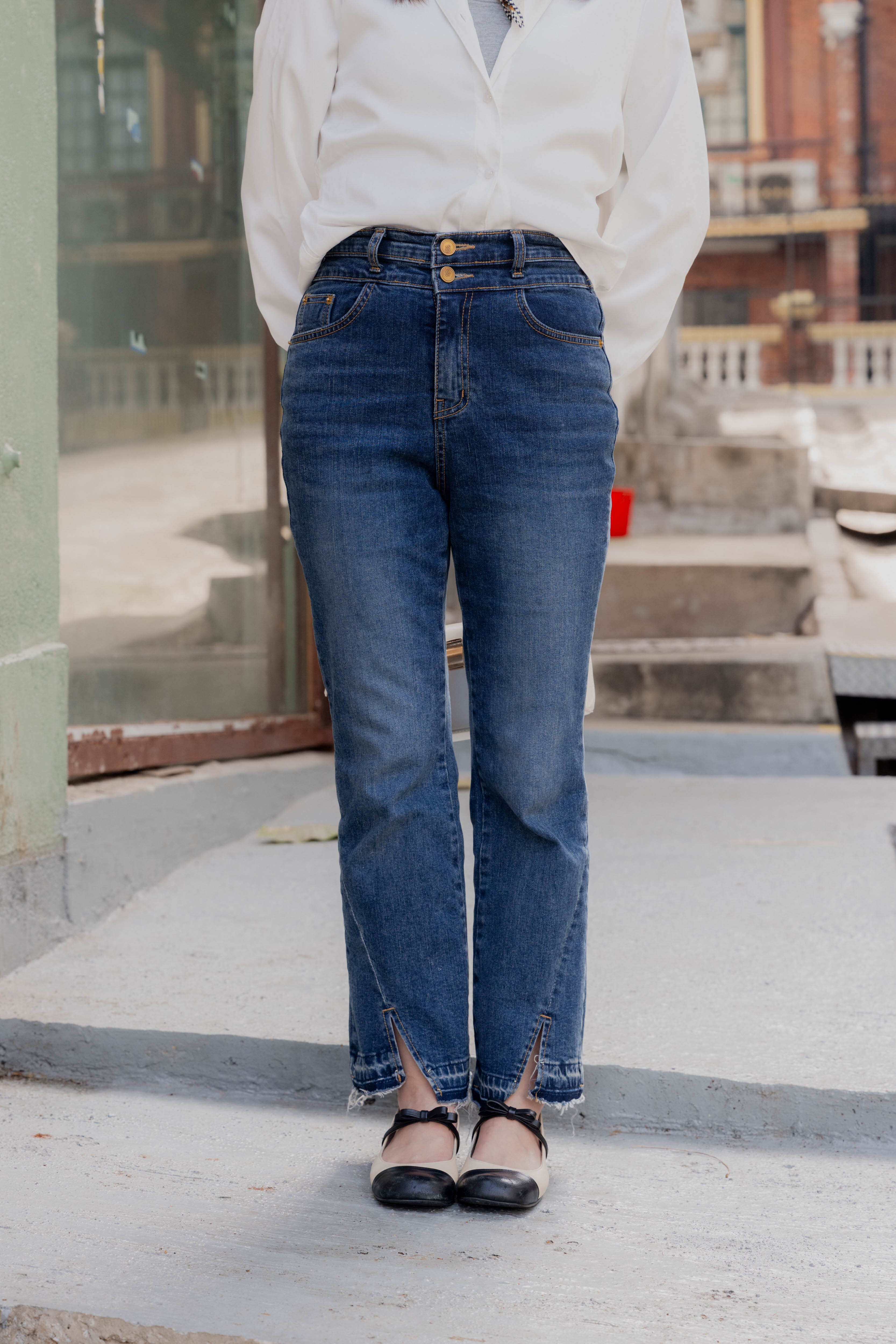 彈性洗水漸變前開叉喇叭褲