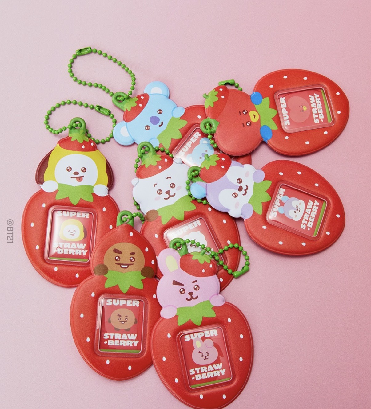 【OWN】BT21 草莓派對 迷你 照片夾 鑰匙圈 吊牌 吊飾 草莓 RJ SHOOKY MANG KOYA CHIMMY TATA COOKY